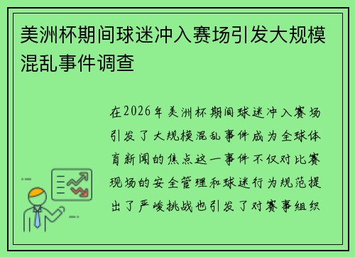 美洲杯期间球迷冲入赛场引发大规模混乱事件调查